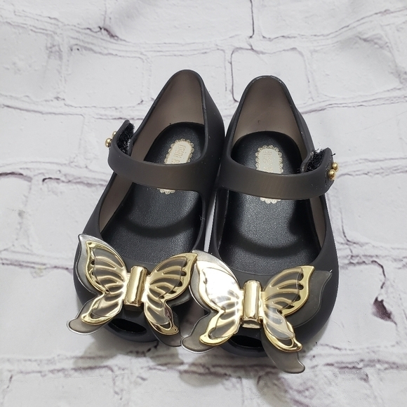 Mini Melissa Ultra Black Gold Butterfly Mary Jane Flats Baby Girl Size 5 - Picture 1 of 9